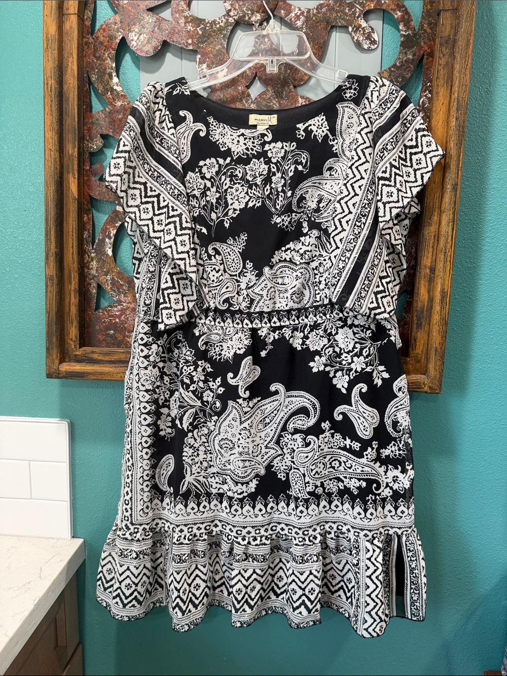 ONE WORLD Black and White Paisley Ruffle Hem Mini Dress
